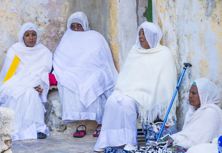 JERUSALEM - APRIL 15 : Ethiopian Orthodox worshipers waiting for the Holy fire ceremony to begin at the Ethiopian section of the Holy Sepulcher in Jerusalm Israel on April 15 2017のeditorial素材