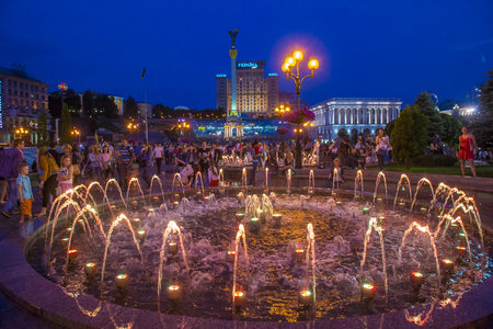 KIEV , UKRAINE - JUNE 05 : The fountains on Maidan Nezalezhnosti in Kiev Ukraine on 05 June 2017 it is light and music fountain complex opend on May 01 2017のeditorial素材