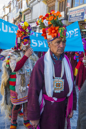 LEH, INDIA - SEPTEMBER 20, 2017: Unidentified Ladakhi people with traditional costumes  participates in the Ladakh Festival in Leh India on September 20, 2017のeditorial素材