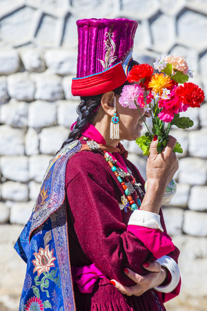 LEH, INDIA - SEPTEMBER 20, 2017: Unidentified Ladakhi woman with traditional costumes  participates in the Ladakh Festival in Leh India on September 20, 2017のeditorial素材