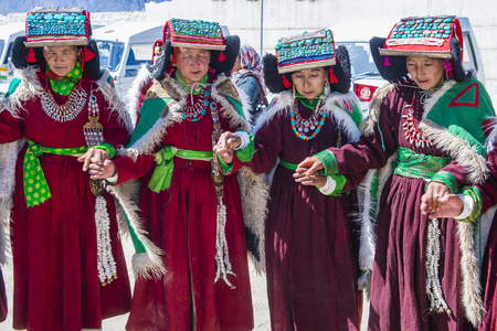 LEH, INDIA - SEPTEMBER 20, 2017: Unidentified Ladakhi people with traditional costumes  participates in the Ladakh Festival in Leh India on September 20, 2017のeditorial素材