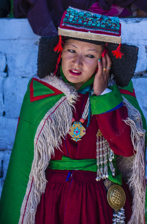 LEH, INDIA - SEPTEMBER 20, 2017: Unidentified Ladakhi woman with traditional costumes  participates in the Ladakh Festival in Leh India on September 20, 2017のeditorial素材