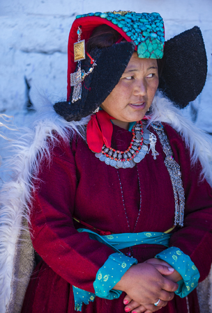 LEH, INDIA - SEPTEMBER 20, 2017: Unidentified Ladakhi woman with traditional costumes  participates in the Ladakh Festival in Leh India on September 20, 2017のeditorial素材