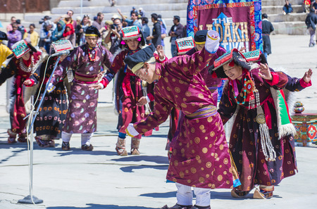 LEH, INDIA - SEPTEMBER 20, 2017: Unidentified Ladakhi people with traditional costumes  participates...