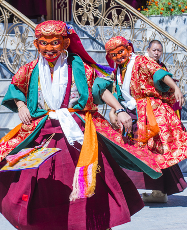 LEH, INDIA - SEP 21 , 2017 : Buddhist monks performing Cham dance during the Ladakh Festival in Leh India on September 20, 2017のeditorial素材