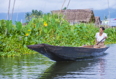INLE LAKE , MYANMAR - SEP 07 : Intha woman on her boat in Inle lake Myanmar on September 07 2017 , inle Lake is a freshwater lake located in Shan stateのeditorial素材