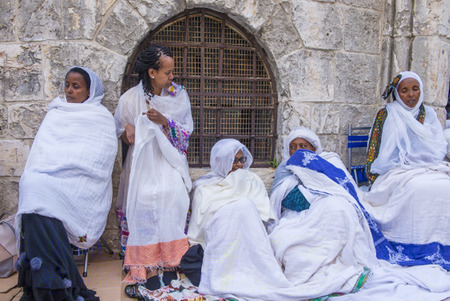 JERUSALEM - APRIL 15 : Ethiopian Orthodox worshipers waiting for the Holy fire ceremony to begin at the Ethiopian section of the Holy Sepulcher in Jerusalm Israel on April 15 2017のeditorial素材