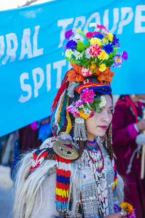 LEH, INDIA - SEPTEMBER 20, 2017: Unidentified Ladakhi woman with traditional costumes  participates in the Ladakh Festival in Leh India on September 20, 2017のeditorial素材