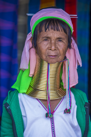 KAYAN STATE , MYANMAR - SEP 09 : Portrait of Kayan tribe woman in Kayan state Myanmar on September 09 2017 , Kayan tribe woman are well known for wearing neck rings.のeditorial素材