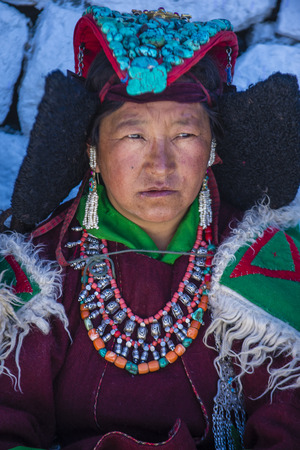 LEH, INDIA - SEPTEMBER 20, 2017: Unidentified Ladakhi woman with traditional costumes  participates in the Ladakh Festival in Leh India on September 20, 2017のeditorial素材