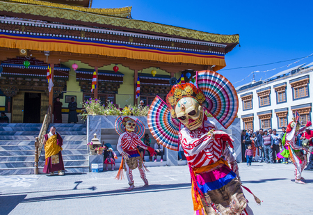 LEH, INDIA - SEP 21 , 2017 : Buddhist monks performing Cham dance during the Ladakh Festival in Leh India on September 20, 2017のeditorial素材