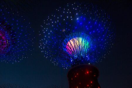 SINGAPORE - FEB 22 : Supertrees in Gardens by the Bay in Singapore on Februery 22 2018. It is a music and light show when trees are illuminated by different colorsのeditorial素材