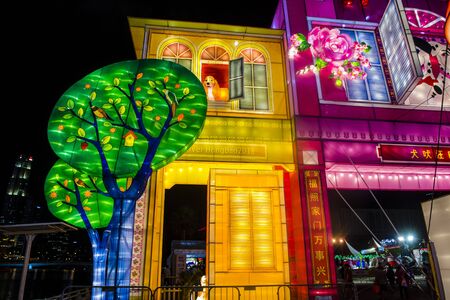 SINGAPORE - FEB 21 : The Year of the Dog Celebration lanterns at River Hongbao in Singapore on Februery 21 2018. The event is held anualy at The Marina Bay to welcome Lunar New Year.のeditorial素材