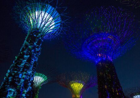 SINGAPORE - FEB 22 : Supertrees in Gardens by the Bay in Singapore on Februery 22 2018. It is a music and light show when trees are illuminated by different colorsのeditorial素材