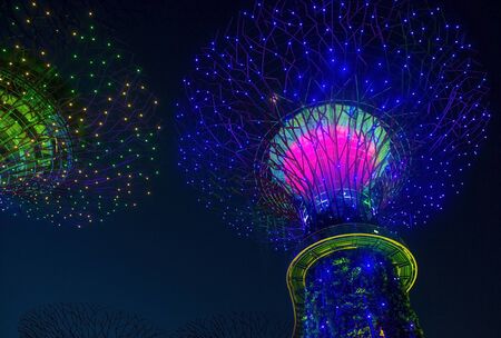 SINGAPORE - FEB 22 : Supertrees in Gardens by the Bay in Singapore on Februery 22 2018. It is a music and light show when trees are illuminated by different colorsのeditorial素材