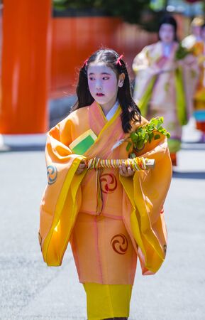 KYOTO - MAY 15 : Participants in Aoi Matsuri in Kyoto, Japan on May 15 2018. Aoi Mastsuri is one of the three main annual festivals held in Kyoto, Japanのeditorial素材