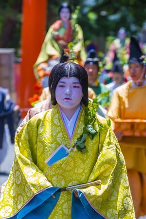 KYOTO - MAY 15 : Participants in Aoi Matsuri in Kyoto, Japan on May 15 2018. Aoi Mastsuri is one of the three main annual festivals held in Kyoto, Japanのeditorial素材