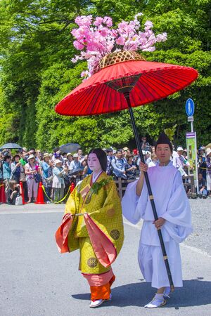 KYOTO - MAY 15 : Participants in Aoi Matsuri in Kyoto, Japan on May 15 2018. Aoi Mastsuri is one of the three main annual festivals held in Kyoto, Japanのeditorial素材