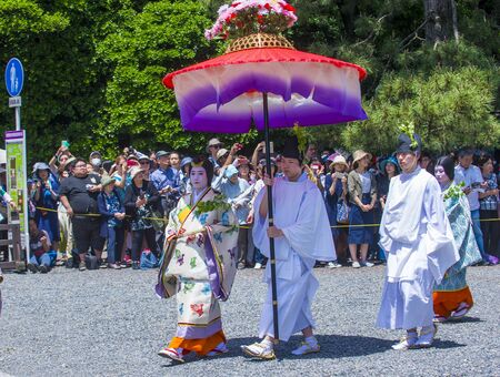 KYOTO - MAY 15 : Participants in Aoi Matsuri in Kyoto, Japan on May 15 2018. Aoi Mastsuri is one of the three main annual festivals held in Kyoto, Japanのeditorial素材