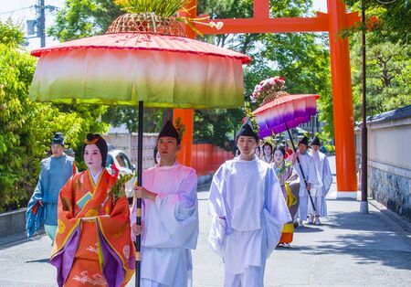 KYOTO - MAY 15 : Participants in Aoi Matsuri in Kyoto, Japan on May 15 2018. Aoi Mastsuri is one of the three main annual festivals held in Kyoto, Japanのeditorial素材