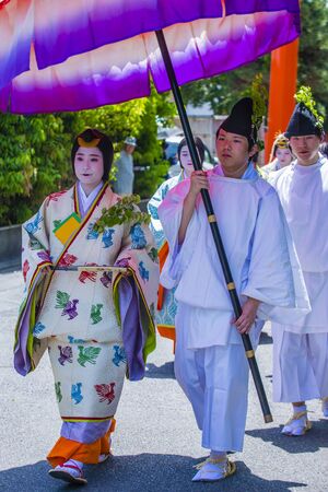 KYOTO - MAY 15 : Participants in Aoi Matsuri in Kyoto, Japan on May 15 2018. Aoi Mastsuri is one of the three main annual festivals held in Kyoto, Japanのeditorial素材