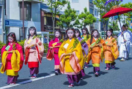 KYOTO - MAY 15 : Participants in Aoi Matsuri in Kyoto, Japan on May 15 2018. Aoi Mastsuri is one of the three main annual festivals held in Kyoto, Japanのeditorial素材