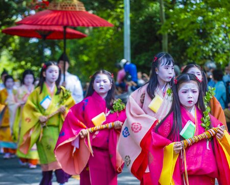 KYOTO - MAY 15 : Participants in Aoi Matsuri in Kyoto, Japan on May 15 2018. Aoi Mastsuri is one of the three main annual festivals held in Kyoto, Japanのeditorial素材