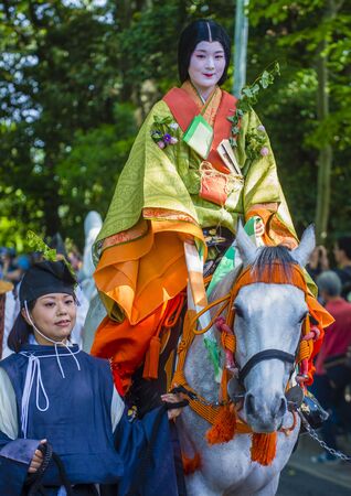 KYOTO - MAY 15 : Participants in Aoi Matsuri in Kyoto, Japan on May 15 2018. Aoi Mastsuri is one of the three main annual festivals held in Kyoto, Japanのeditorial素材