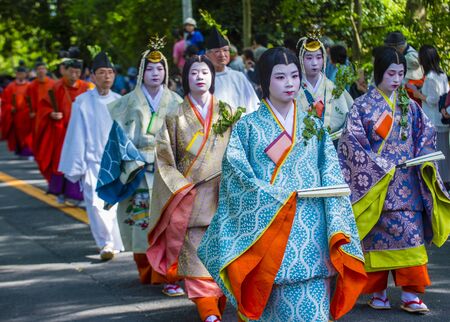 KYOTO - MAY 15 : Participants in Aoi Matsuri in Kyoto, Japan on May 15 2018. Aoi Mastsuri is one of the three main annual festivals held in Kyoto, Japanのeditorial素材