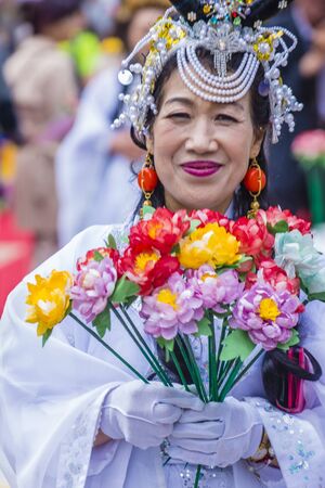 SEOUL - MAY 11 : Woman with traditional costume at Jogyesa Temple during Lotus Lantern Festival in Seoul , Korea on May 11 2018  The festival is a celebration of the birth of Buddhaのeditorial素材