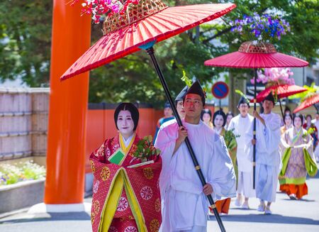 KYOTO - MAY 15 : Participants in Aoi Matsuri in Kyoto, Japan on May 15 2018. Aoi Mastsuri is one of the three main annual festivals held in Kyoto, Japanのeditorial素材