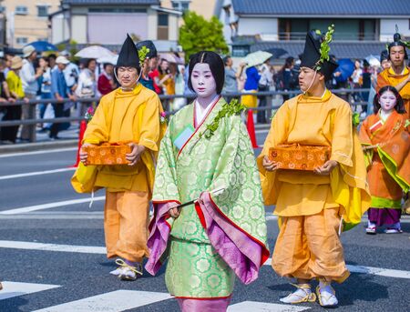 KYOTO - MAY 15 : Participants in Aoi Matsuri in Kyoto, Japan on May 15 2018. Aoi Mastsuri is one of the three main annual festivals held in Kyoto, Japanのeditorial素材