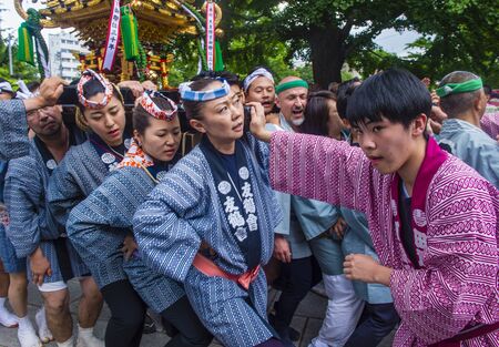 TOKYO - MAY 19 : Participants in the Kanda Matsuri in Tokyo, Japan on May 19 2018. Kanda Matsuri is one of three main festivals of Tokyo, Japanのeditorial素材