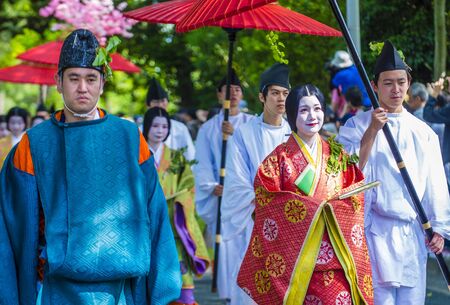 KYOTO - MAY 15 : Participants in Aoi Matsuri in Kyoto, Japan on May 15 2018. Aoi Mastsuri is one of the three main annual festivals held in Kyoto, Japanのeditorial素材