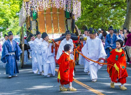 KYOTO - MAY 15 : Participants in Aoi Matsuri in Kyoto, Japan on May 15 2018. Aoi Mastsuri is one of the three main annual festivals held in Kyoto, Japanのeditorial素材