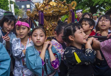 TOKYO - MAY 19 : Participants in the Kanda Matsuri in Tokyo, Japan on May 19 2018. Kanda Matsuri is one of three main festivals of Tokyo, Japanのeditorial素材