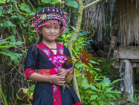 BAM NA OUAN , LAOS - AUG 13 : Girl from the Hmong Minority in Bam Na Ouan village Laos on August 13 2018. The Hmong minority is one of the 49 ethnic groups of Laosのeditorial素材