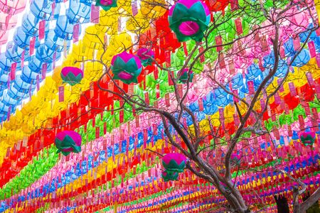 SEOUL - MAY 11 : Colorful lantern decoration at Jogyesa Temple during the Lotus Lantern Festival in Seoul Korea on May 11 2018. The festival is a celebration of the birth of Buddhaのeditorial素材