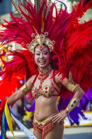 TOKYO - AUG 25 : Participant in the Asakusa samba carnival in Tokyo Japan on August 25 2018. The Asakusa samba carnival is the largest of its kind in the northern hemisphere.のeditorial素材