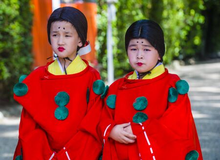 KYOTO - MAY 15 : Participants in Aoi Matsuri in Kyoto, Japan on May 15 2018. Aoi Mastsuri is one of the three main annual festivals held in Kyoto, Japanのeditorial素材