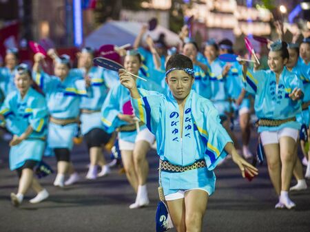 TOKYO - AUG 26 : Participants in the Awa Odori festival in Tokyo, Japan on August 26 2018. Awa Odori is the largest dance festival in Japanのeditorial素材