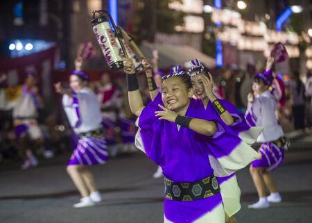 TOKYO - AUG 26 : Participants in the Awa Odori festival in Tokyo, Japan on August 26 2018. Awa Odori is the largest dance festival in Japanのeditorial素材