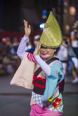 TOKYO - AUG 26 : Participant in the Awa Odori festival in Tokyo, Japan on August 26 2018. Awa Odori is the largest dance festival in Japanのeditorial素材