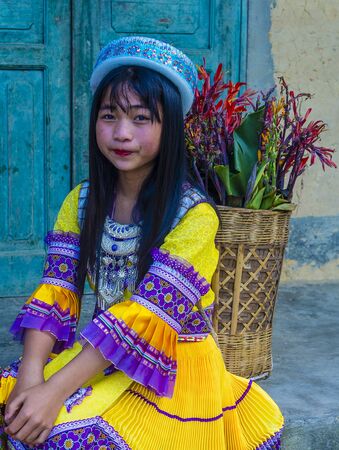DONG VAN , VIETNAM - SEP 16 : Girl from the Hmong minority in a village near Dong Van in Vietnam on September 16 2018. The Hmong is one of the 54 ethnic groups of Vietnamのeditorial素材