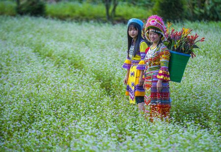 DONG VAN , VIETNAM - SEP 16 : Girls from the Hmong minority in a village near Dong Van in Vietnam on September 16 2018. The Hmong is one of the 54 ethnic groups of Vietnamのeditorial素材