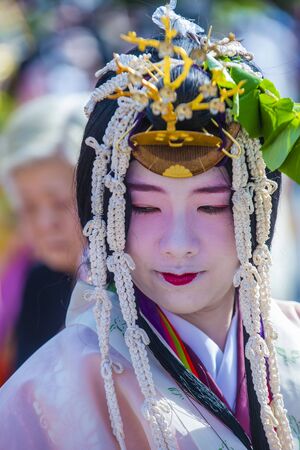 KYOTO - MAY 15 : Participant in Aoi Matsuri in Kyoto, Japan on May 15 2018. Aoi Mastsuri is one of the three main annual festivals held in Kyoto, Japanのeditorial素材