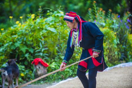 HA GIANG , VIETNAM - SEP 14 : Woman from the Red Dao minority in a village near Ha Giang in Vietnam on September 14 2018. The Red Dao is one of the 54 ethnic groups of Vietnamのeditorial素材