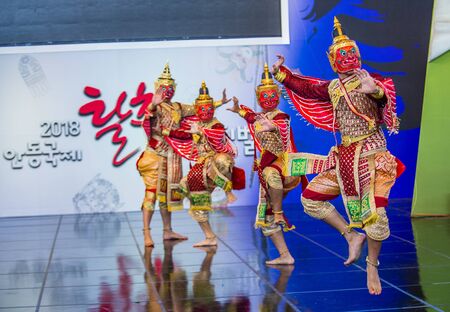 ANDONG , SOUTH KOREA - OCT 01 : Thai dancers performing the traditinal Thai Khon dance at the Mask dance festival in Andong South Korea on October 01 2018のeditorial素材