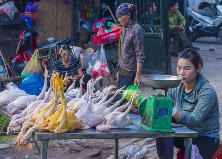 HANOI , VIETNAM - SEP 06 : Vendor in a market in Hanoi Vietnam on September 06 2018. Markets in Hanoi are always bustling with hundreds of stalls selling fresh productsのeditorial素材