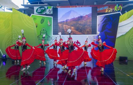 ANDONG , SOUTH KOREA - OCT 01 : Dancers from the Exemplary Choreographic Ensemble Sholpan perform at the Maskdance festival held in Andong South Korea on October 01 2018のeditorial素材
